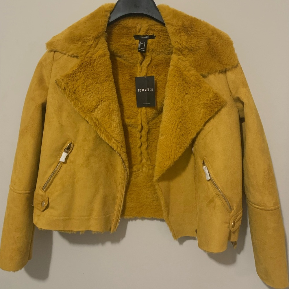 🆕 Forever 21 Mustard Crop Faux Shearling Biker Jacket 💛Medium💛